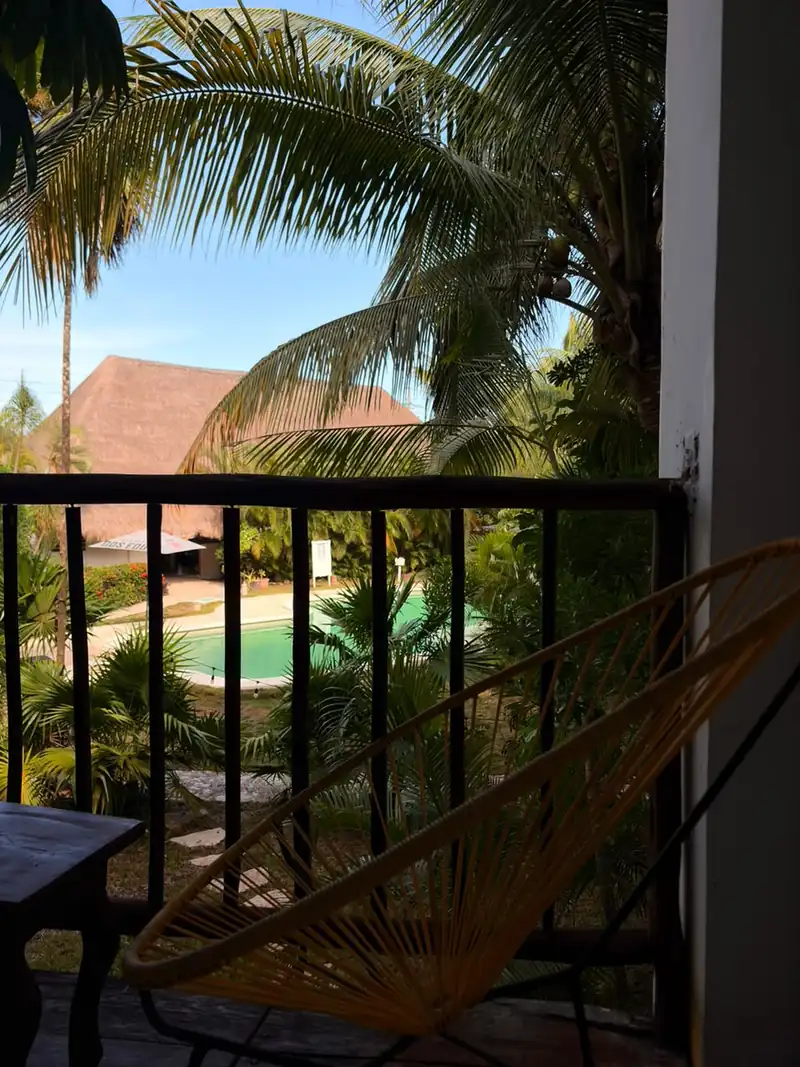 Desde el balcón de una habitación se ve la alberca y una palapa, con una silla Acapulco y palmeras con cocos en primer plano.